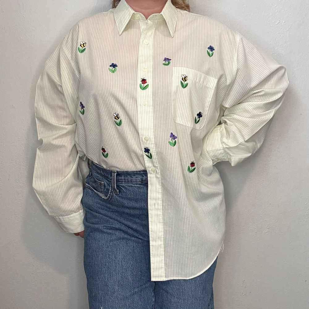 Vintage XL Lime Green Striped Button Down Embroidered Bugs Flowers Rhinestones